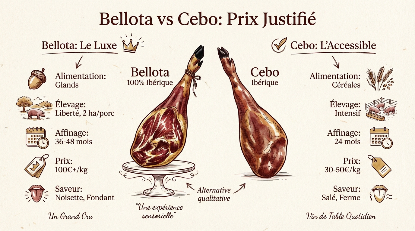 Comparaison prix jambon ibérique bellota et cebo