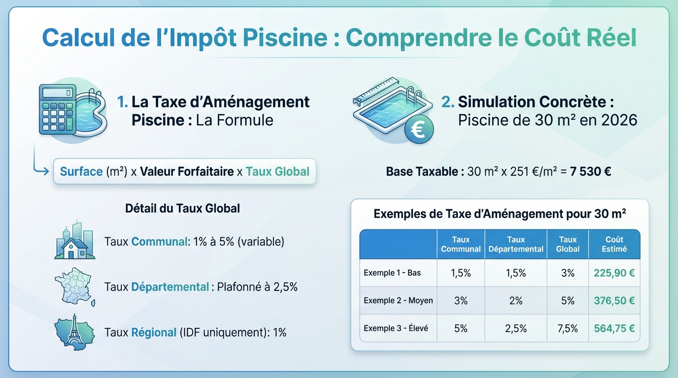 Simulation coût impots piscine 2026 et taxe aménagement