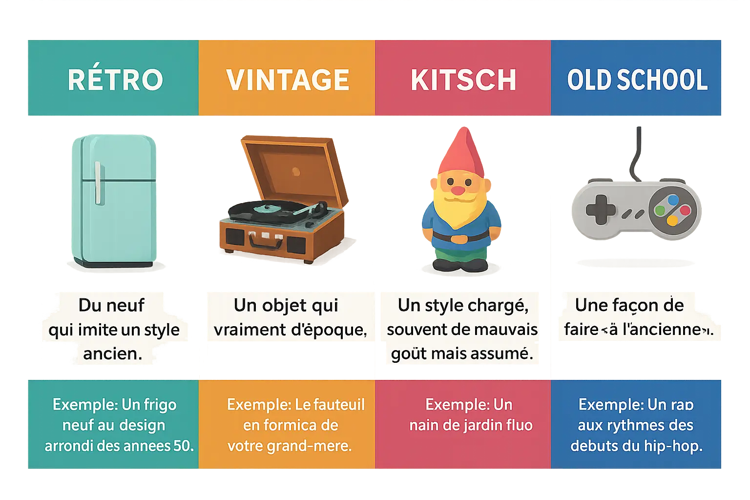 Illustration des styles rétro, vintage, kitsch et old school