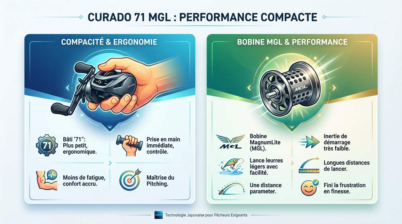 Pêcheur utilisant un Shimano Curado 71 MGL pour lancer un leurre léger avec précision