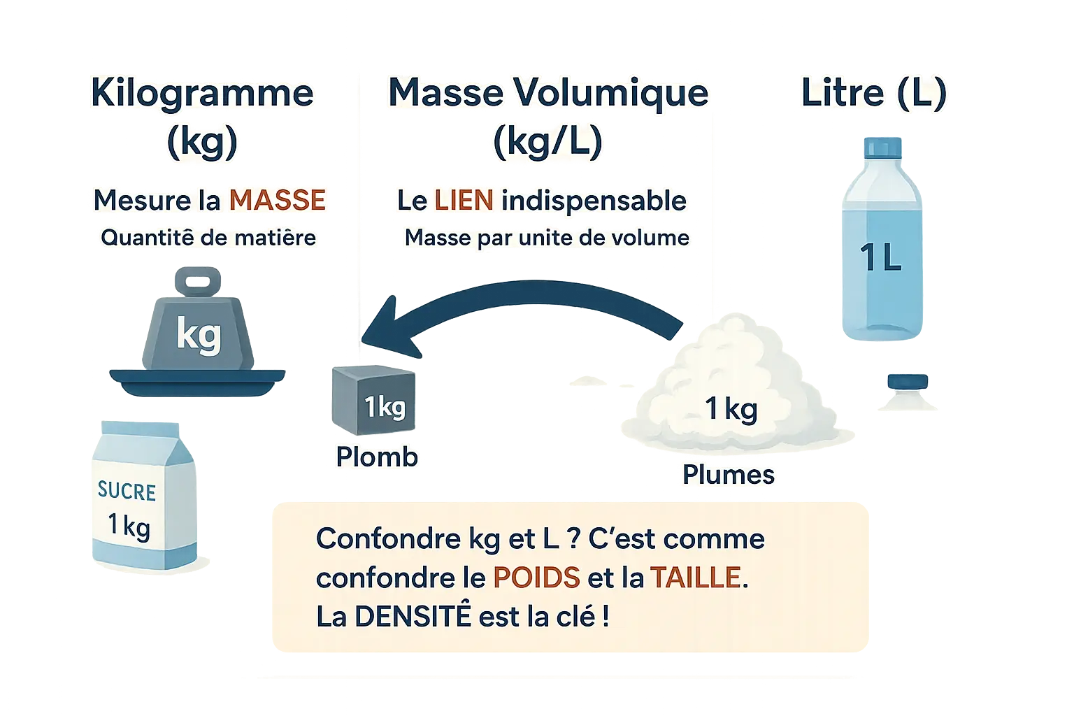 Infographie expliquant la relation entre kg, L et densité