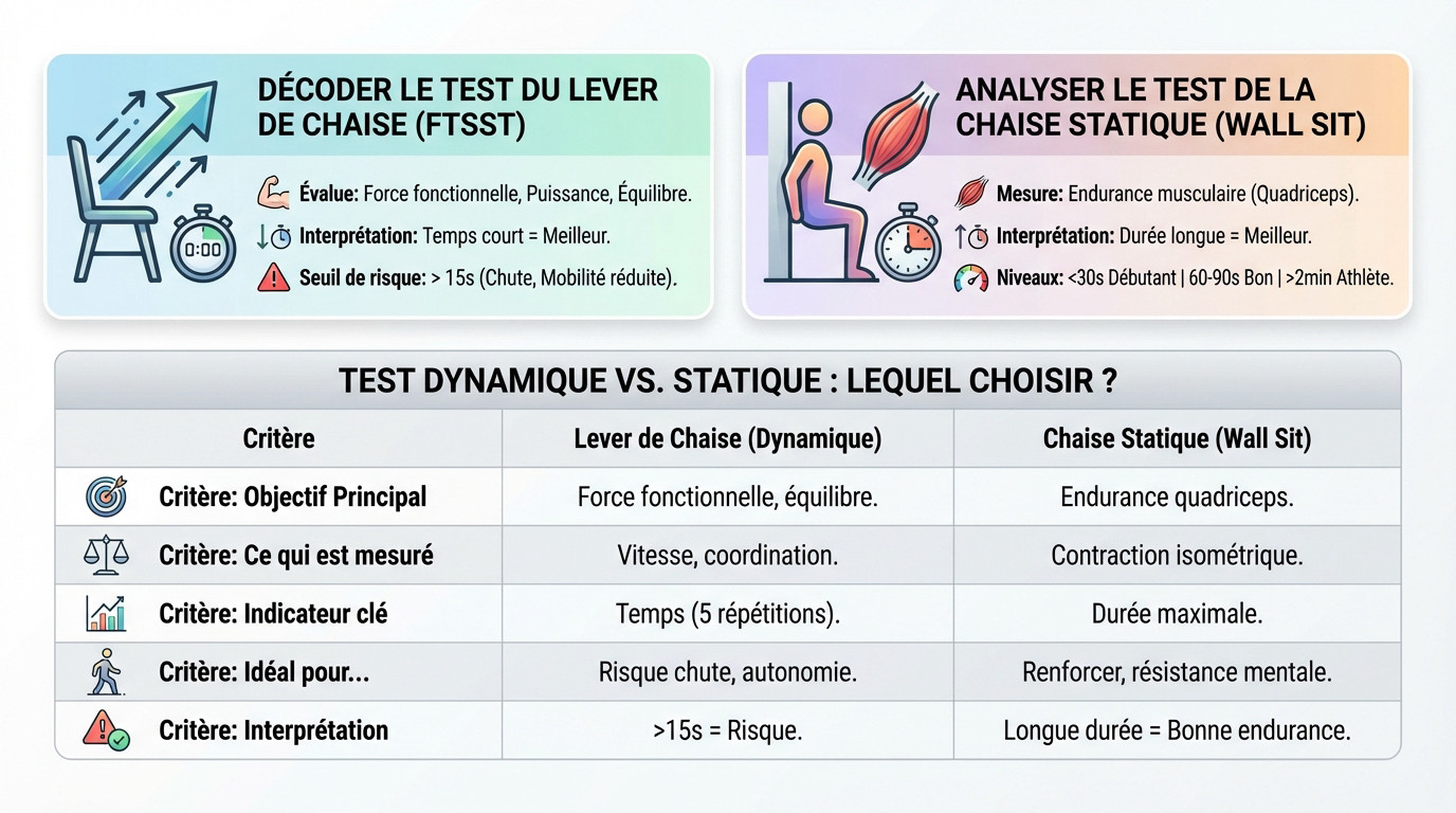 Comparaison visuelle entre le test du lever de chaise dynamique et le test de la chaise statique contre un mur