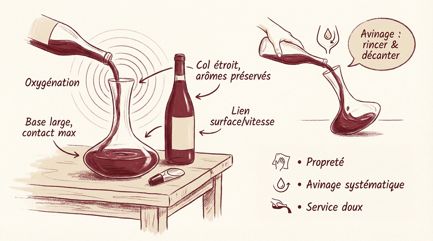 Illustration des différentes formes de carafes (base large pour l'aération, base étroite pour le décantage)