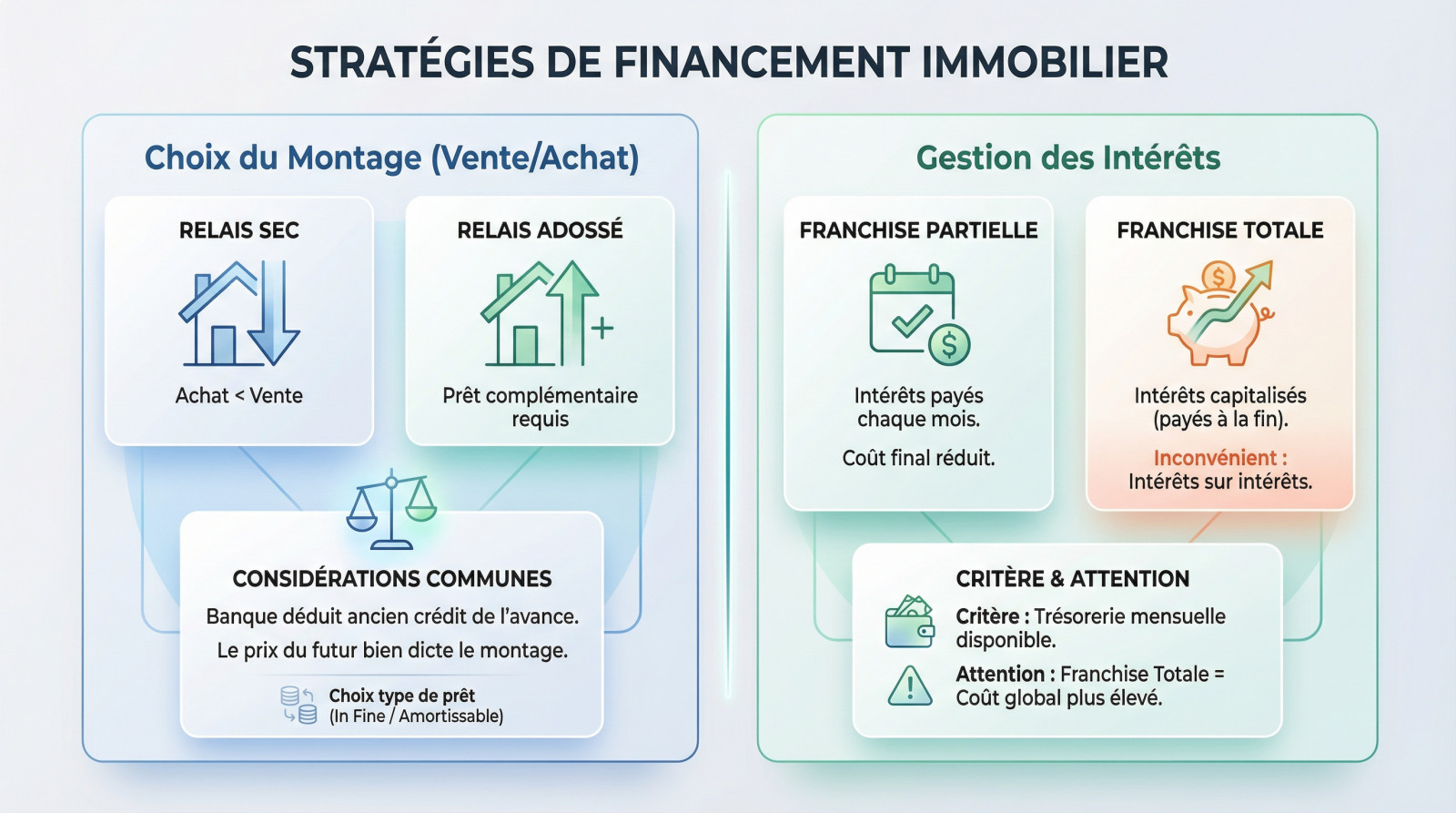 Schéma explicatif des stratégies de financement immobilier : comparaison prêt relais sec et adossé