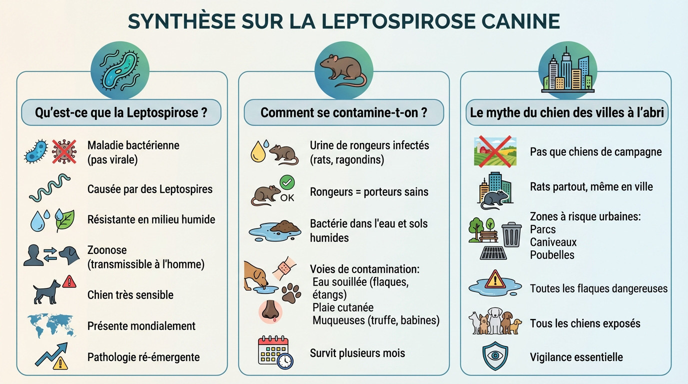 Synthèse visuelle sur la leptospirose canine : transmission, symptômes et prévention