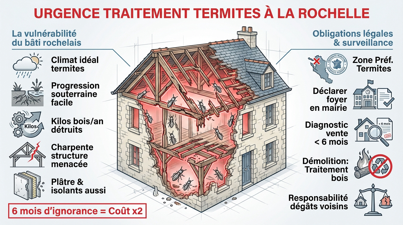 Charpente en bois dégradée par une colonie de termites à La Rochelle