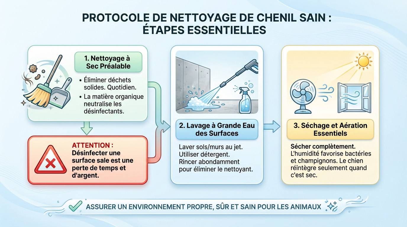 Protocole de nettoyage et d&eacute;sinfection d'un chenil sain : &eacute;tapes essentielles