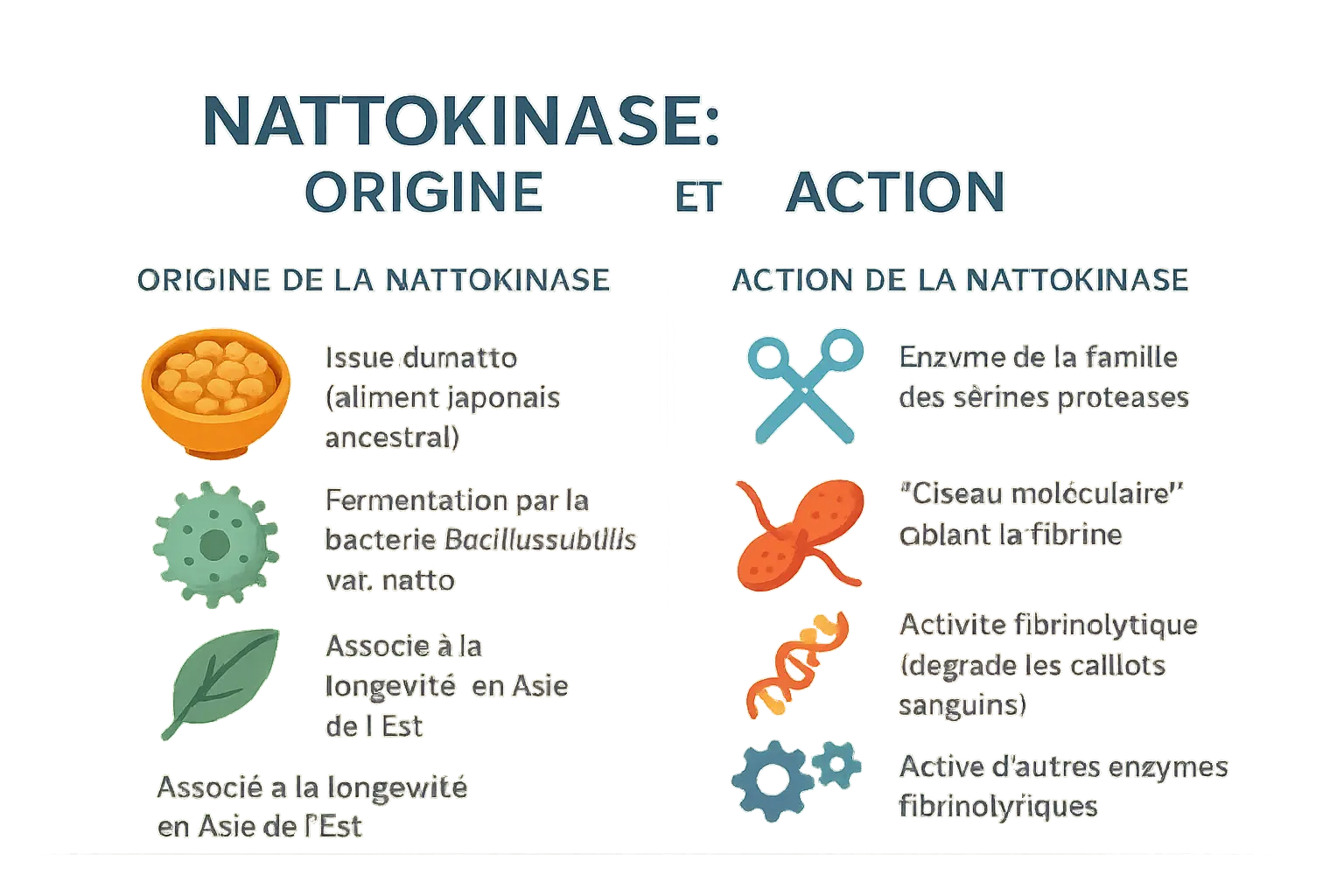 Représentation visuelle de l'enzyme nattokinase en action sur la fibrine