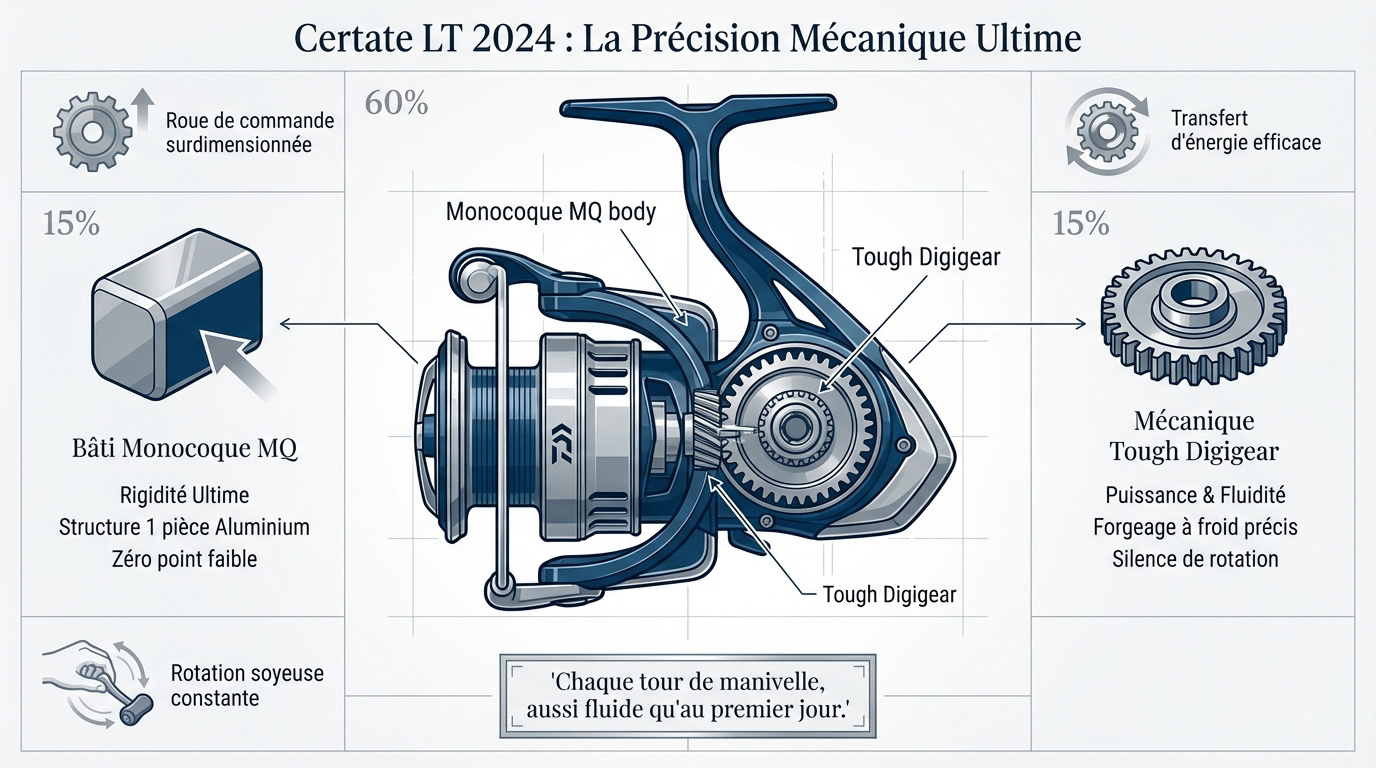 Mécanique interne et bâti monocoque du Daiwa Certate LT 2024