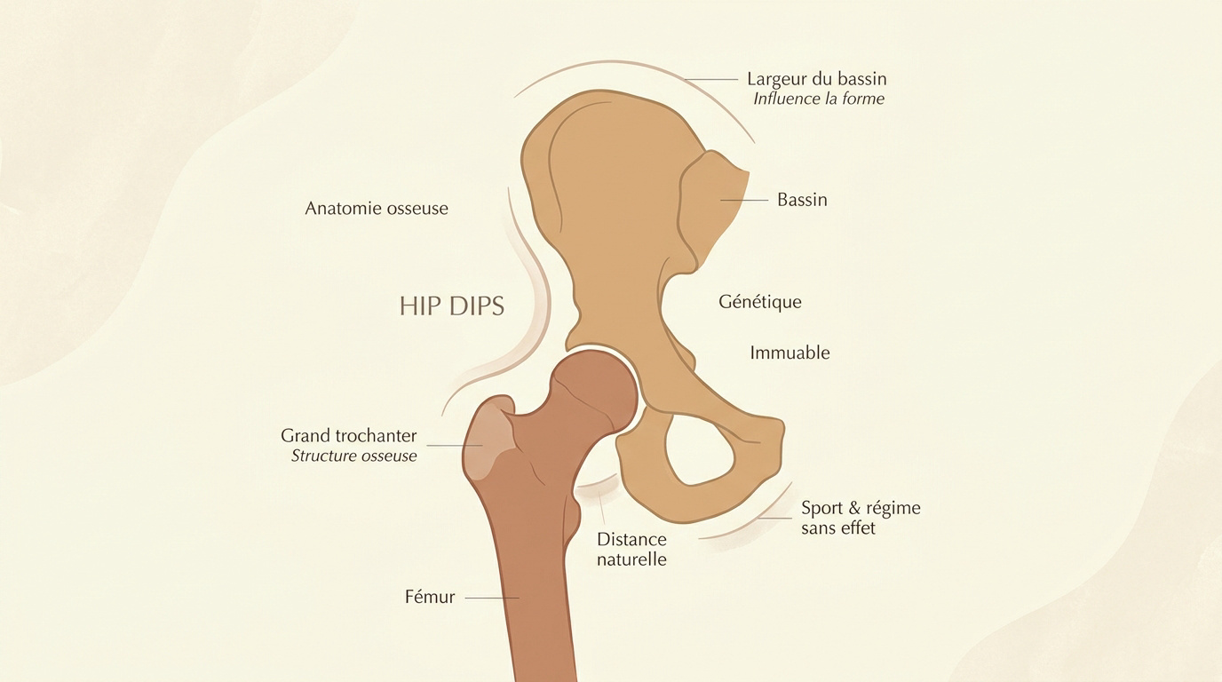 Schéma anatomique montrant l'origine osseuse des hip dips entre le bassin et le fémur