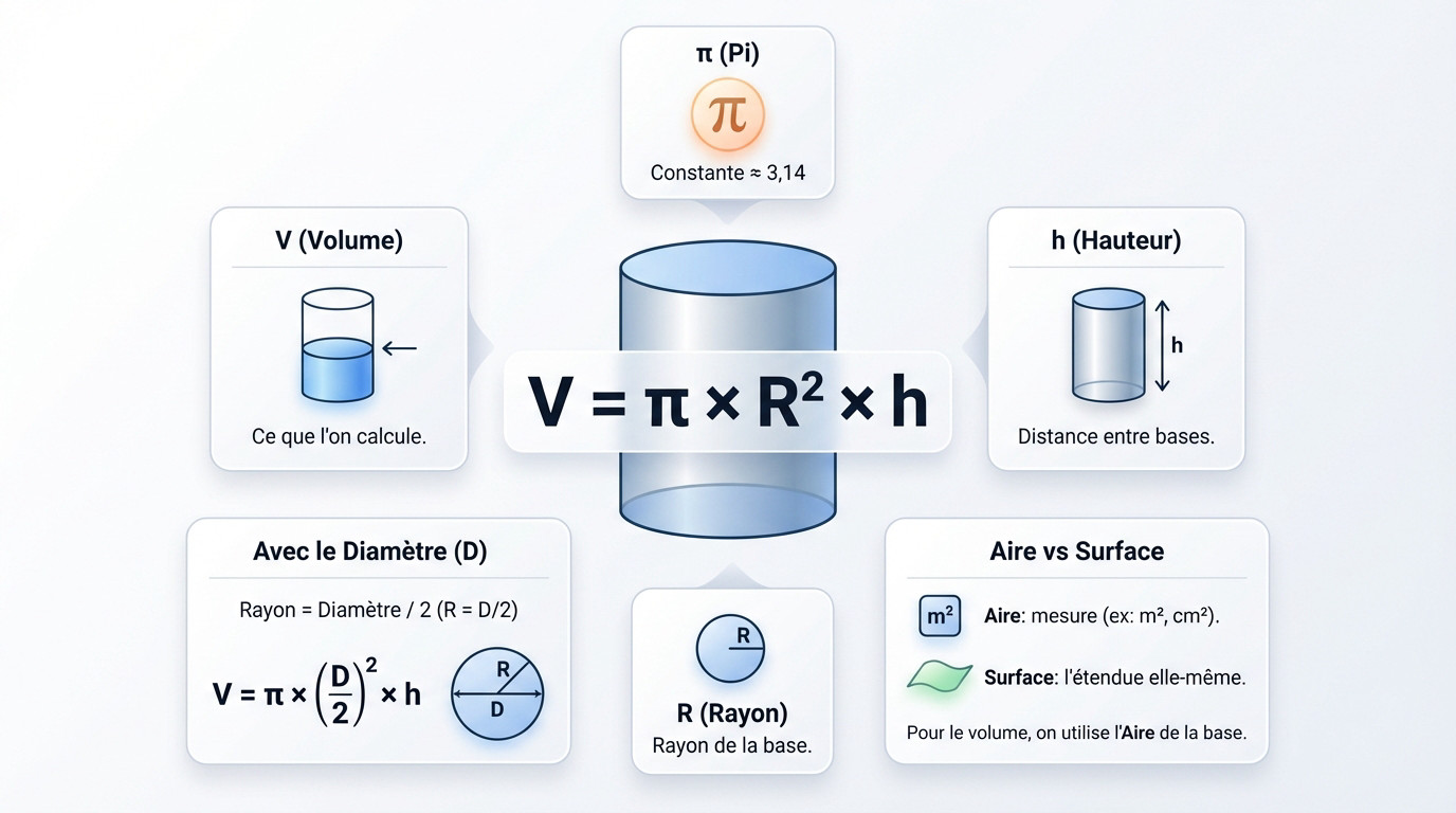 Infographie explicative de la formule du volume d'un cylindre avec rayon et hauteur