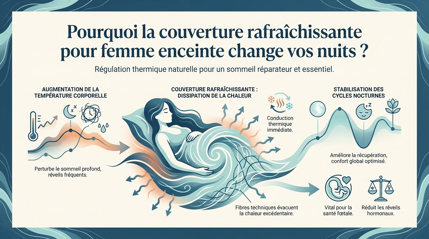 Femme enceinte dormant sereinement sous une couverture rafraîchissante