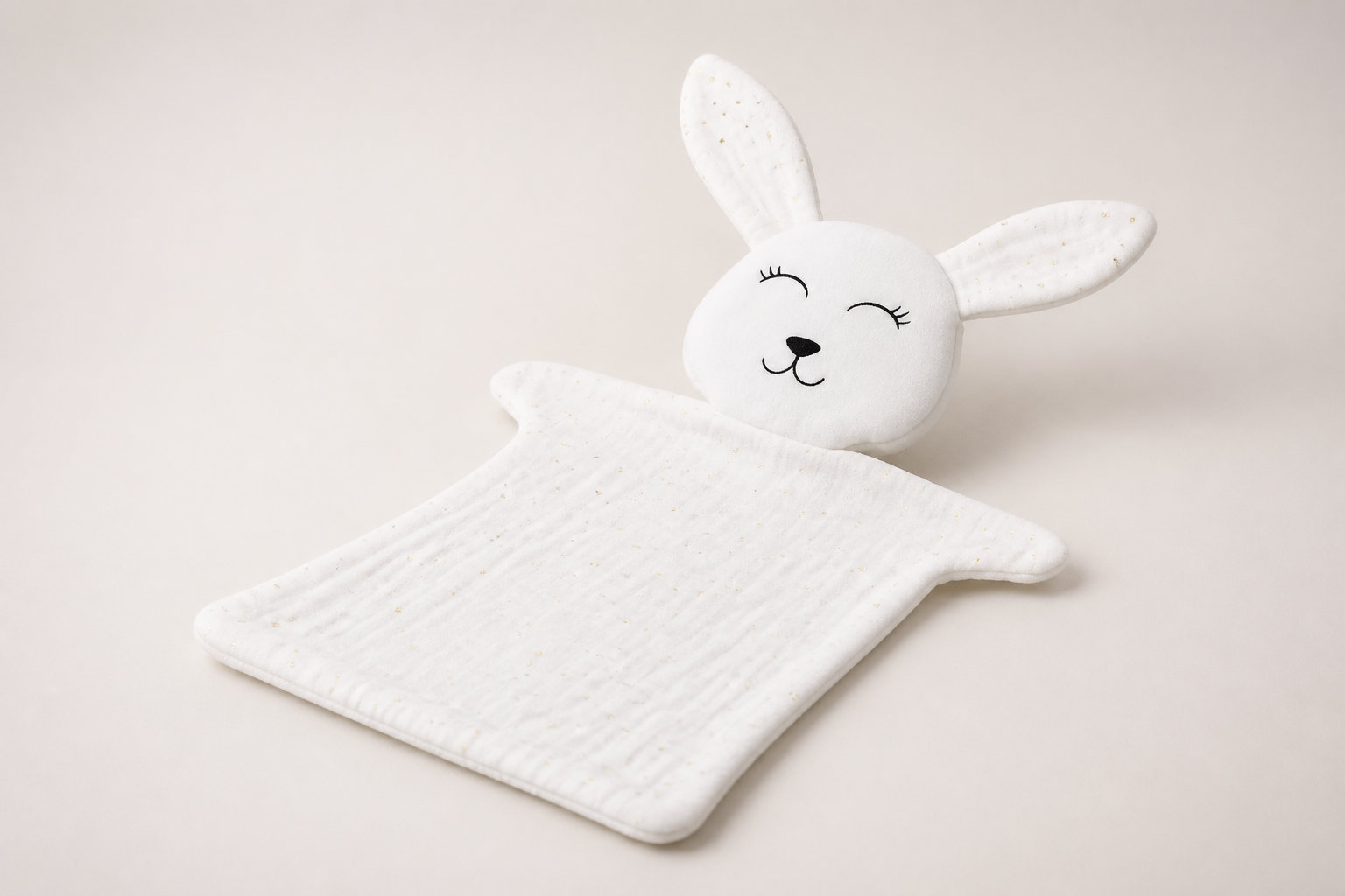 Doudou Lapin double gaze blanche et points dorés