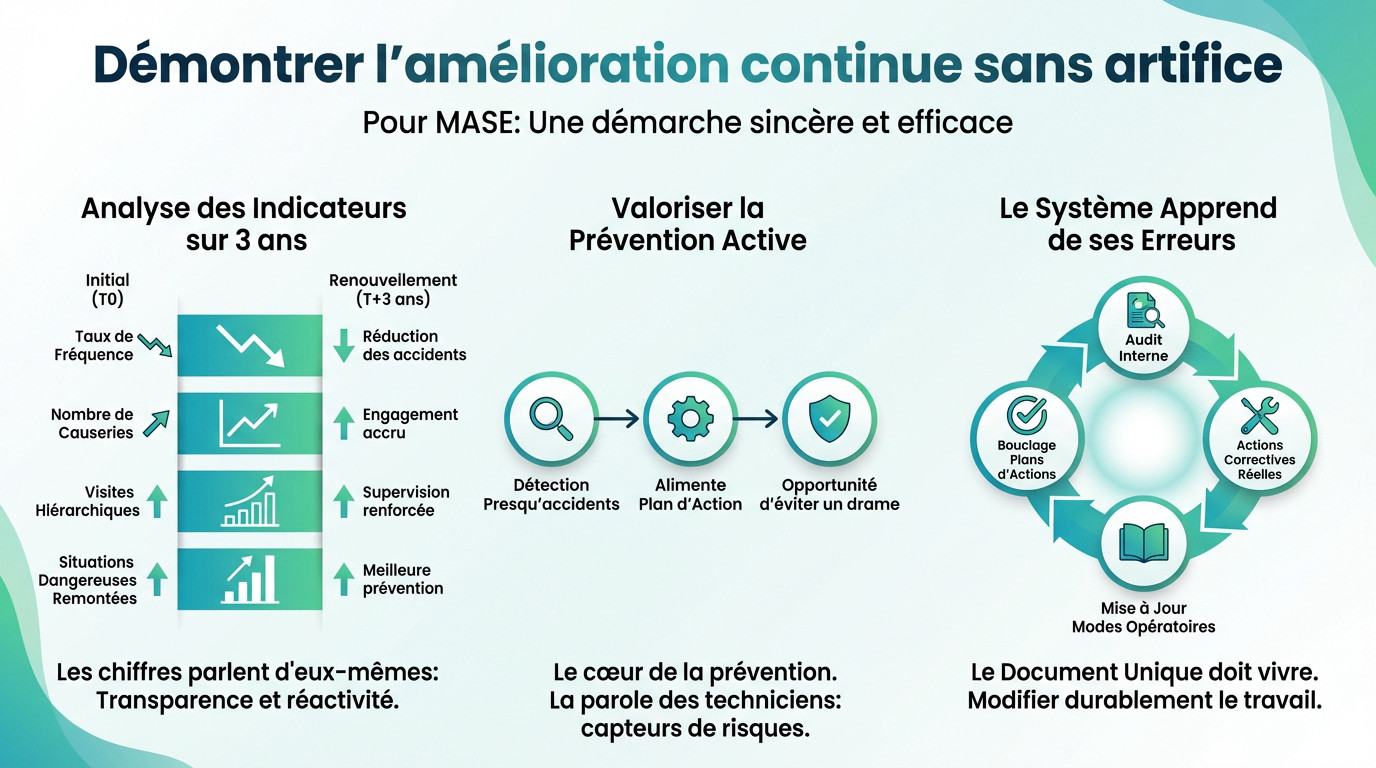 Infographie illustrant les étapes pour démontrer l'amélioration continue lors du renouvellement MASE