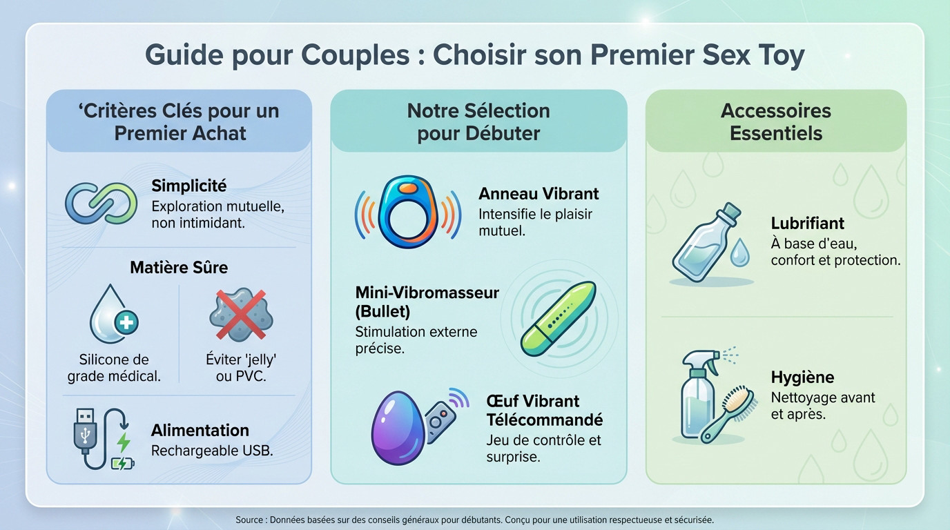 Couple complice regardant une tablette pour choisir un sextoy adapté aux débutants