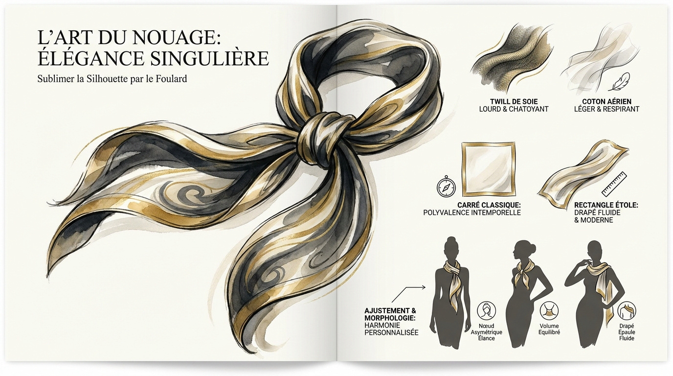 Femme élégante portant un foulard en soie noué avec raffinement autour du cou