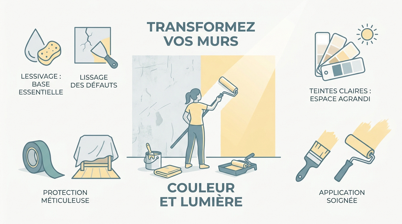 Infographie détaillant les étapes clés pour préparer et peindre les murs de la maison