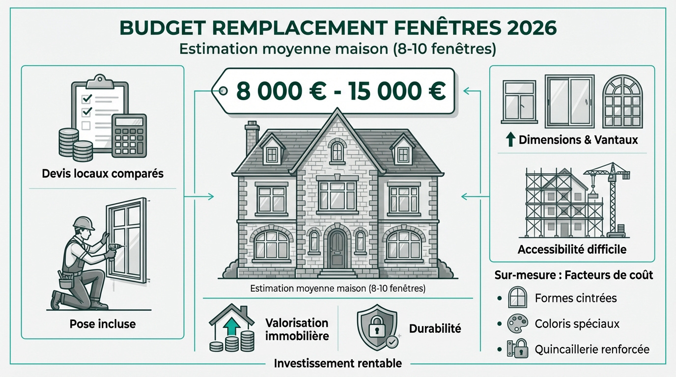Estimation budget remplacement fenêtres maison complète 2026 entre 8000 et 15000 euros