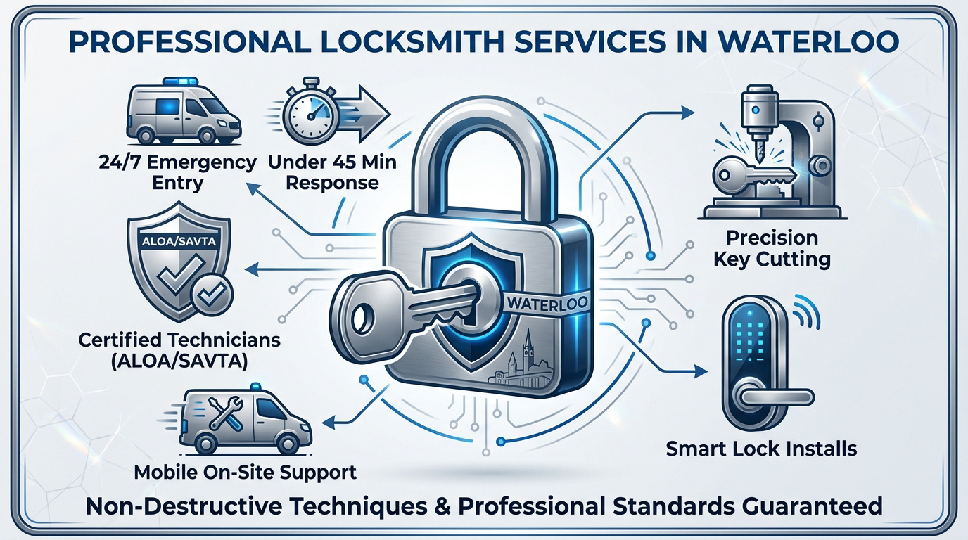 Professional locksmith technician working on a high-security door lock in Waterloo