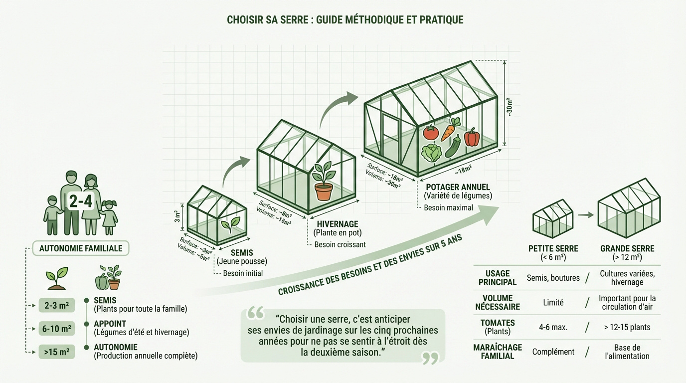 Guide visuel pour choisir la dimension idéale d'une serre de jardin selon les besoins familiaux