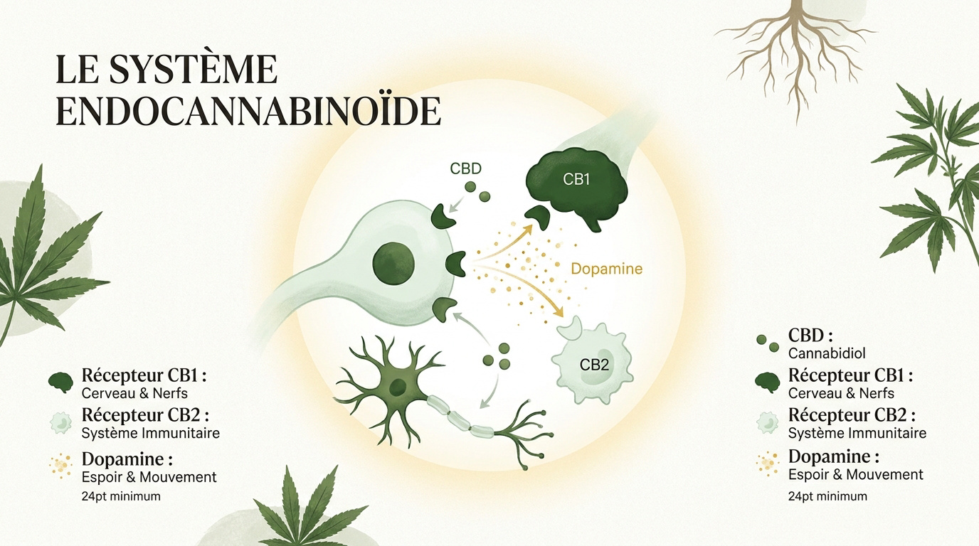 Schéma de l'interaction du CBD avec le système endocannabinoïde dans le cadre de la maladie de Parkinson