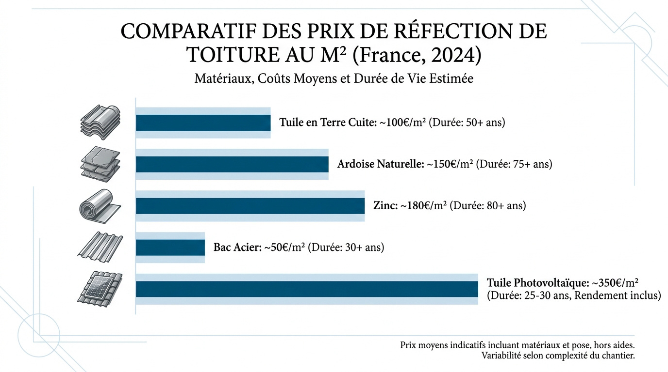 Graphique comparatif des prix de réfection de toiture au mètre carré en France