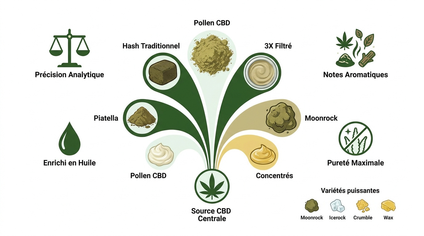 Infographie comparative des textures de résines CBD et conformité légale