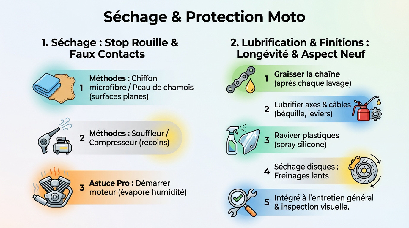 Motard séchant soigneusement sa moto avec un chiffon microfibre après un lavage complet