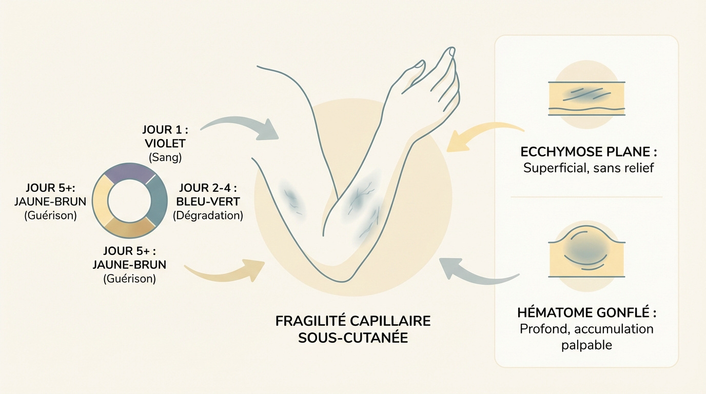Illustration d'une ecchymose sur la peau expliquant la rupture des capillaires