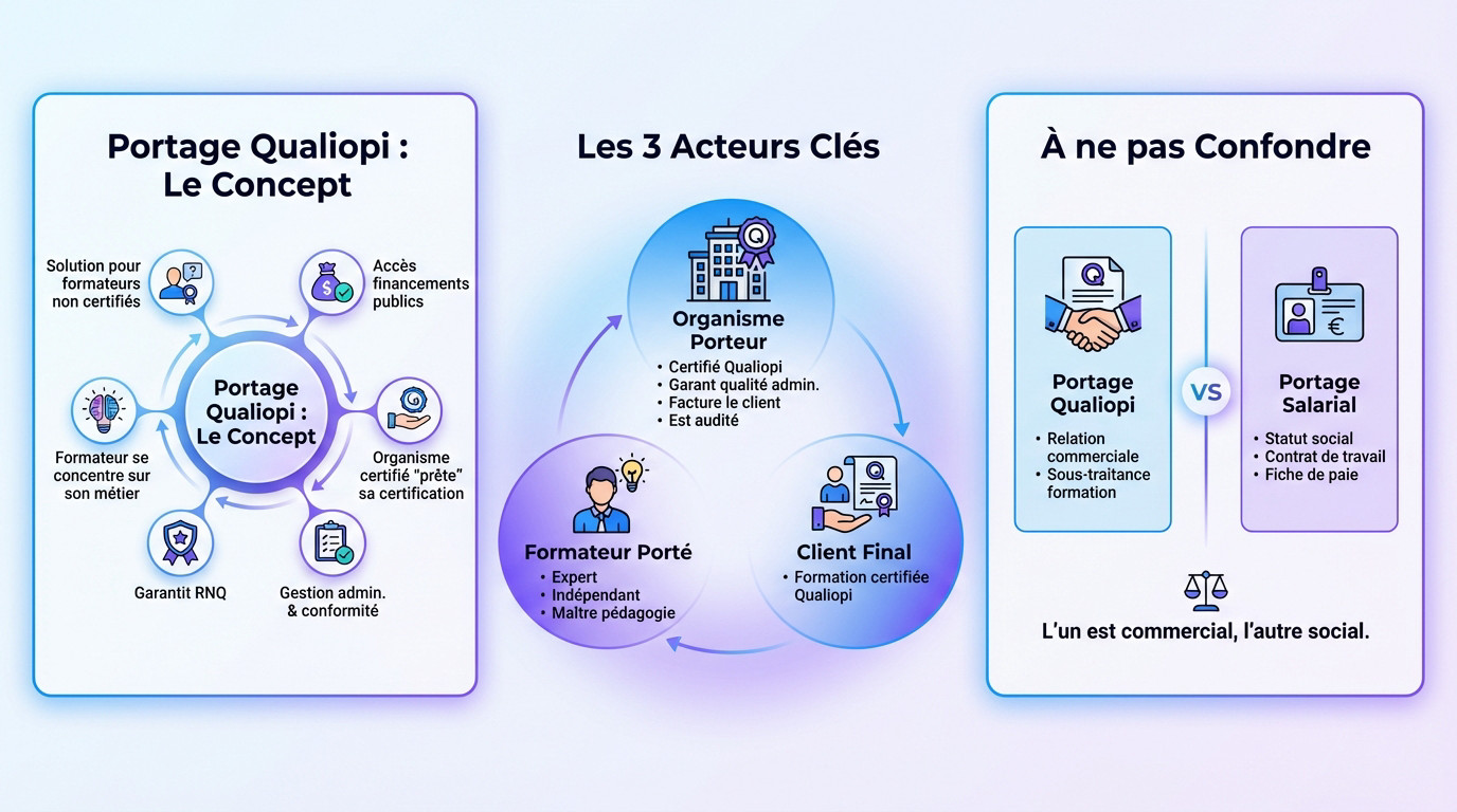 Schéma explicatif du fonctionnement du portage Qualiopi entre le porteur, le formateur et le client