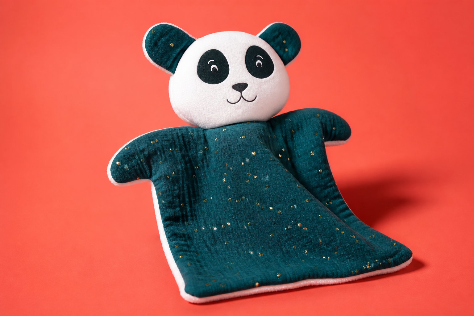 Le doudou panda en double gaze bleu pétrole et points dorés