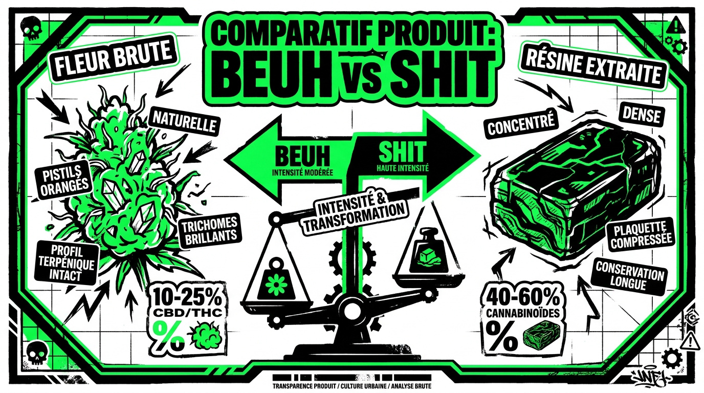 Comparaison visuelle entre la fleur de CBD et la résine de hash