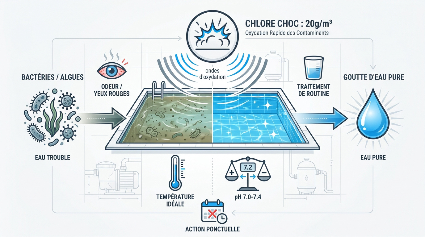 Comparaison d'une eau de piscine trouble avant traitement et cristalline après chlore choc