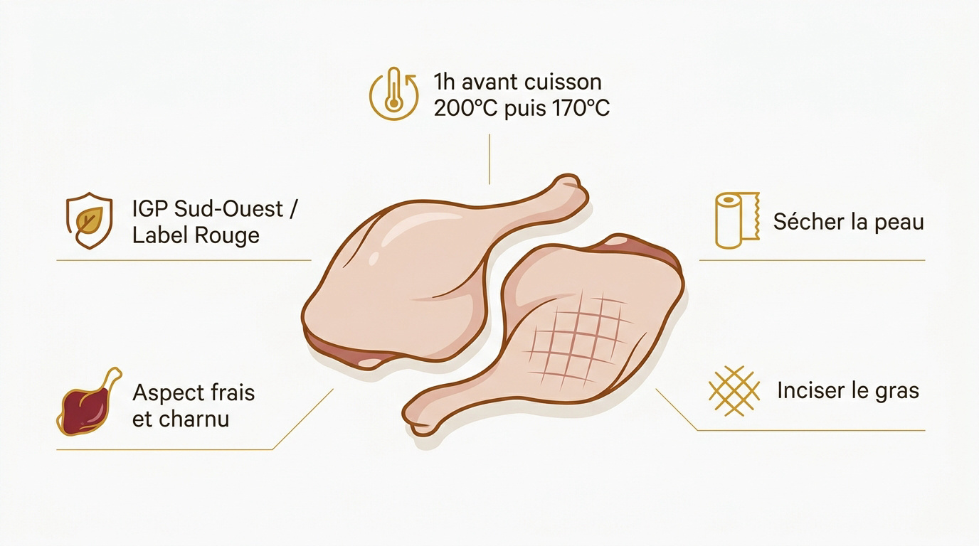 Préparation de cuisses de canard avec incisions de la peau avant cuisson au four