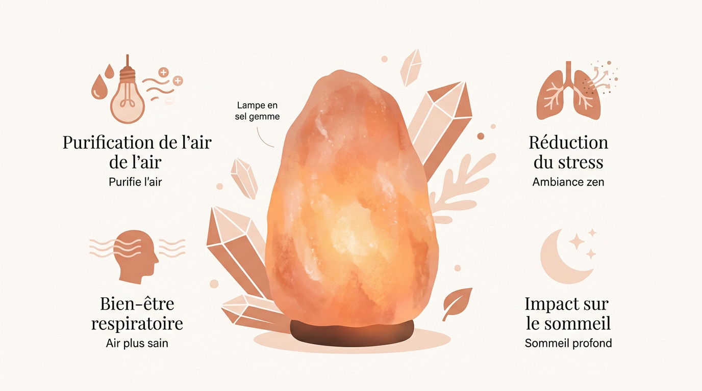 Lampe en sel gemme naturel diffusant une lumière apaisante dans un intérieur moderne