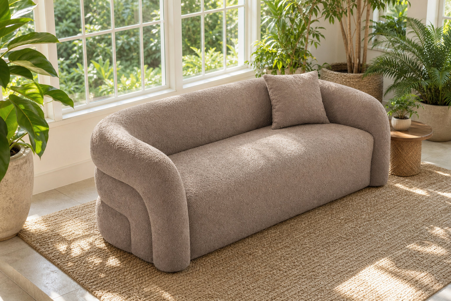 Canapé LAPIOTA taupe : l'esprit haute couture en bouclette