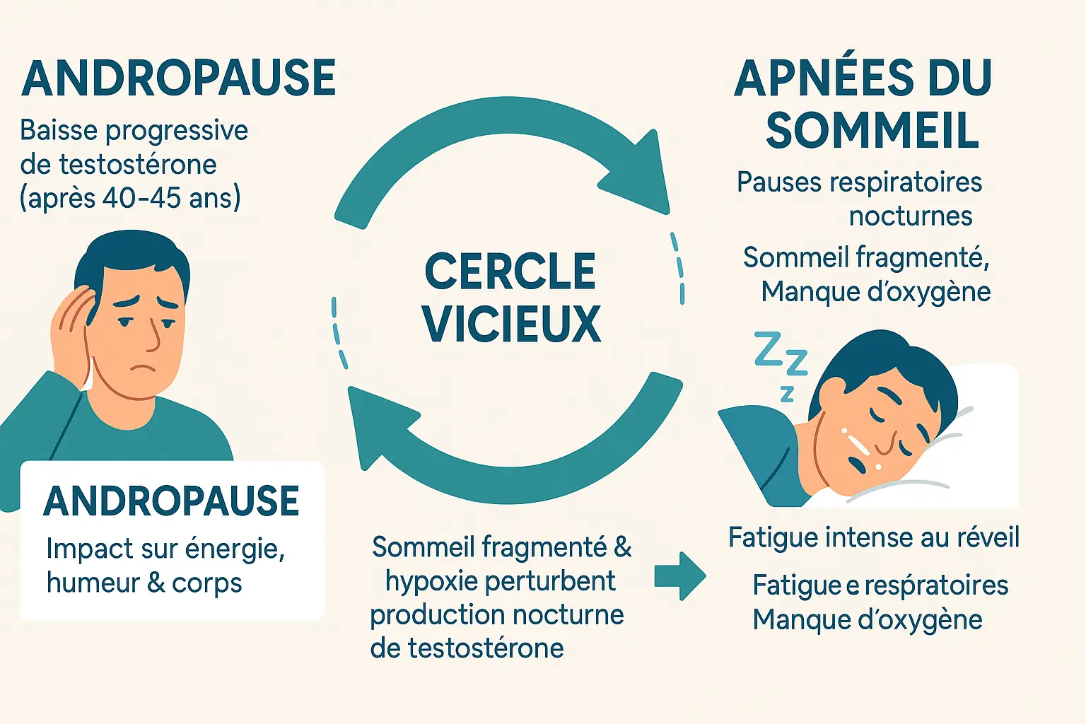 Illustration homme fatigué avec horloge et graphique hormonal