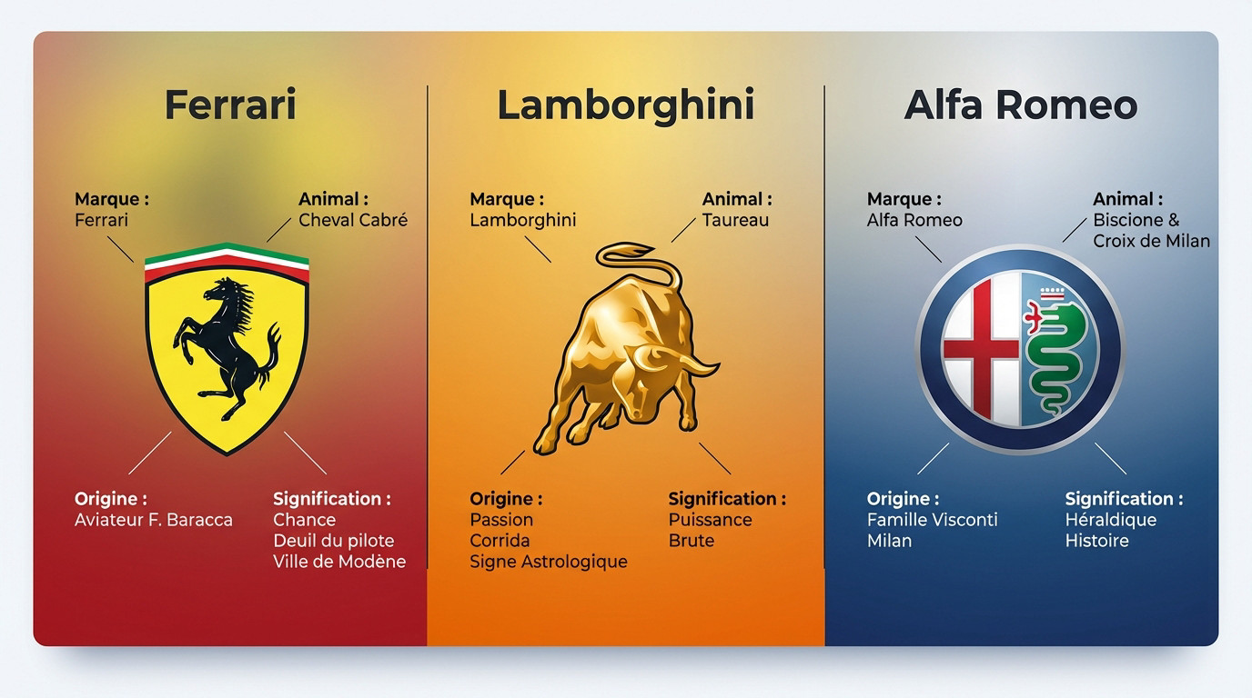 Logo Ferrari avec le cheval cabré noir et logo Lamborghini avec le taureau doré
