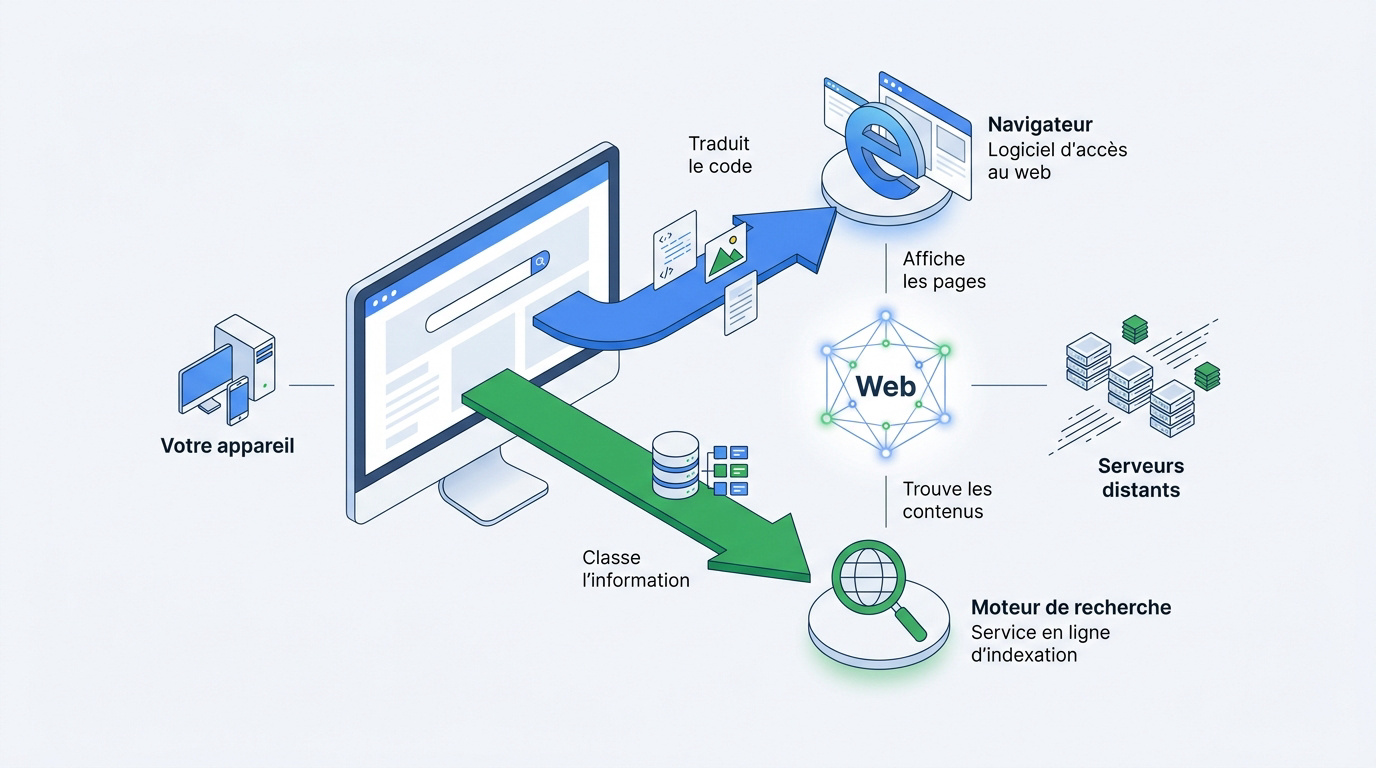 Schéma expliquant l'interaction entre le navigateur web et le moteur de recherche