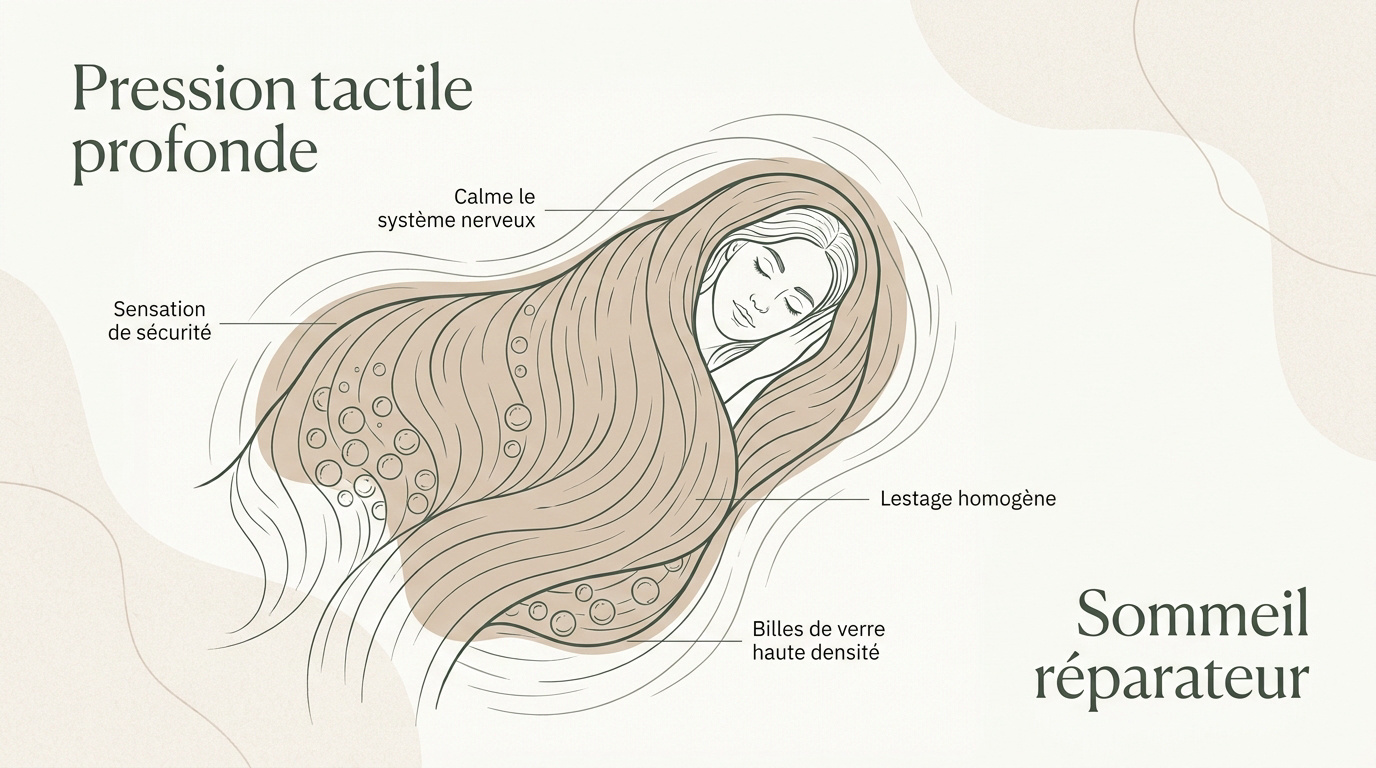 Couverture lestée grise posée sur un lit pour favoriser la relaxation et le sommeil profond