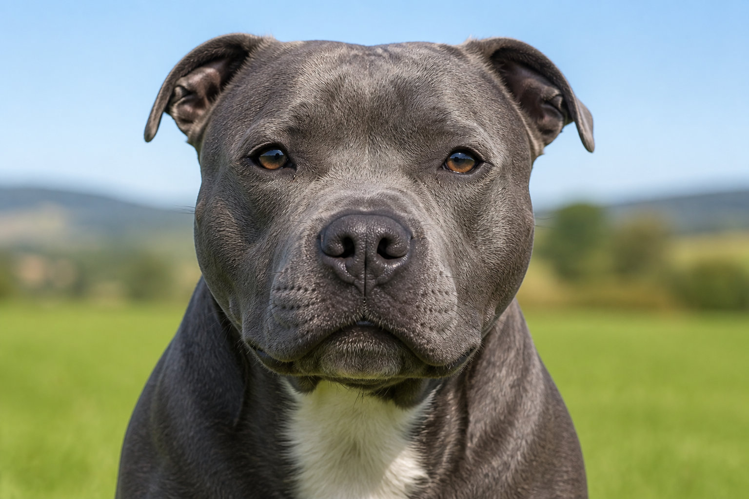 Staffordshire Bull Terrier au soleil, allure athlétique et musclée