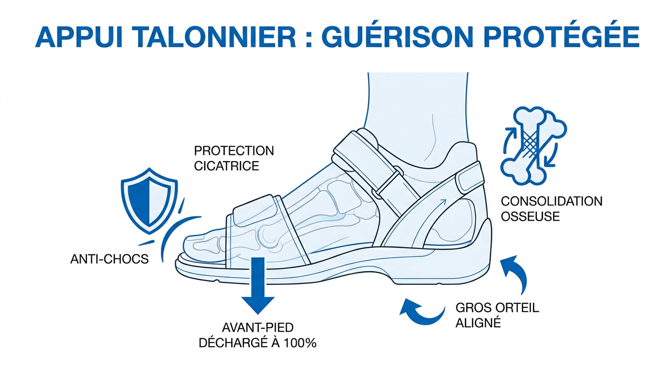 Chaussure post-opératoire à appui talonnier pour décharge de l'avant-pied