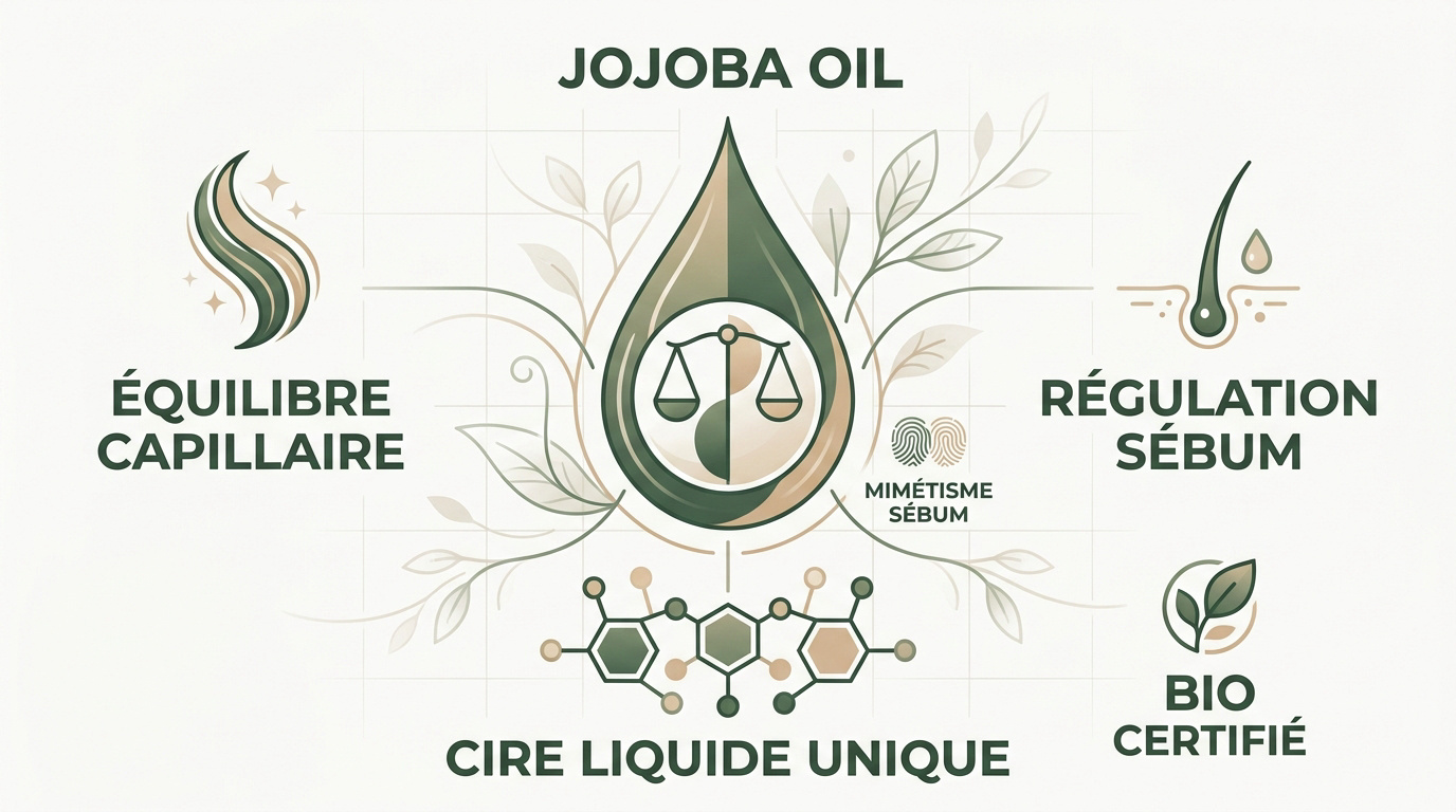 Flacon d'huile de jojoba bio et fleurs pour le soin des cheveux et du cuir chevelu