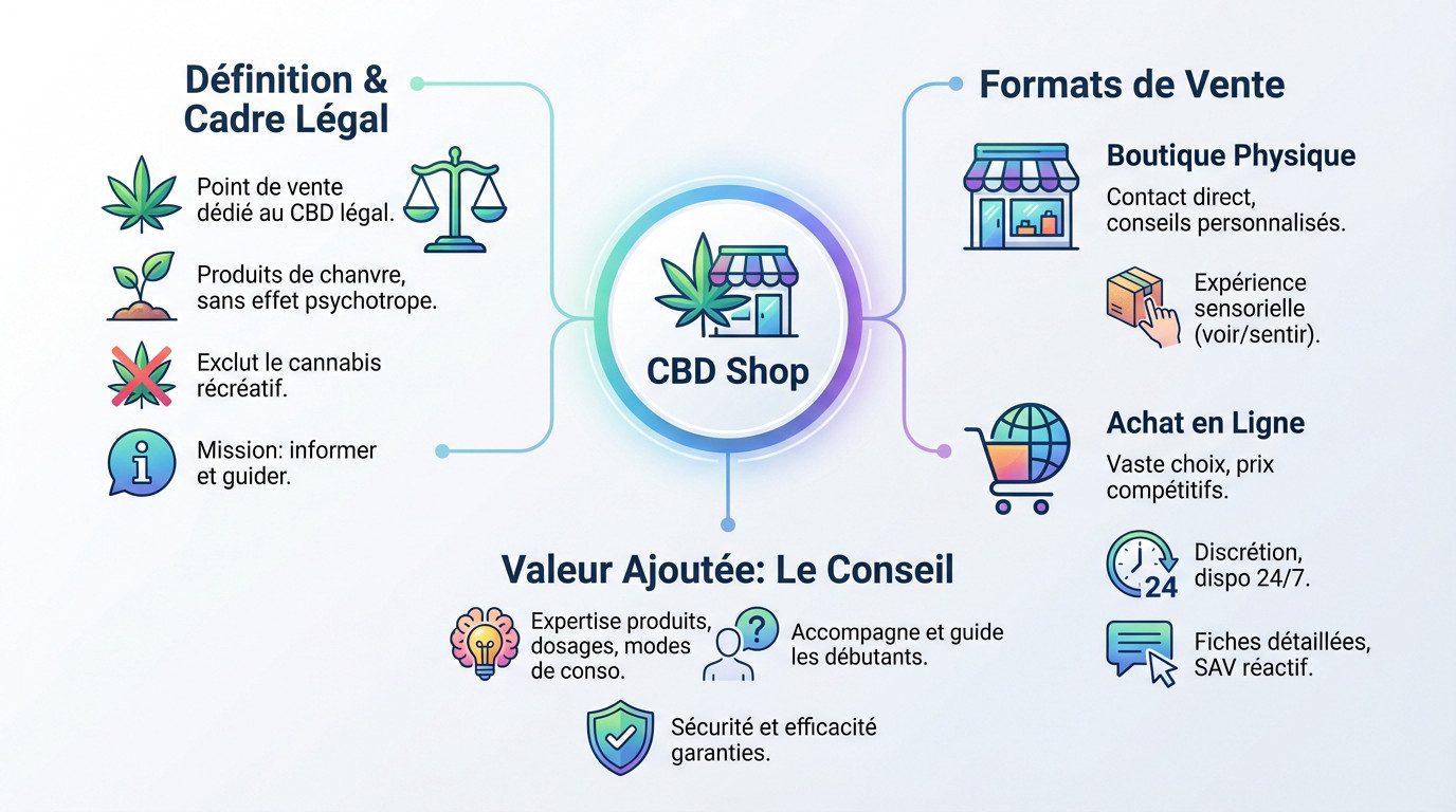 Intérieur d'un CBD shop moderne présentant des produits légaux à base de chanvre