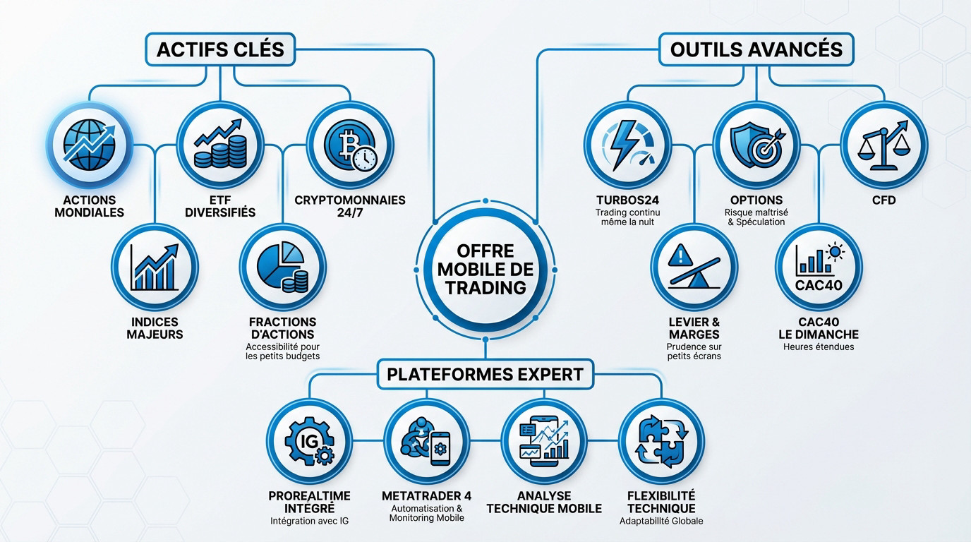 Interface de l'application mobile IG montrant les différents marchés financiers accessibles