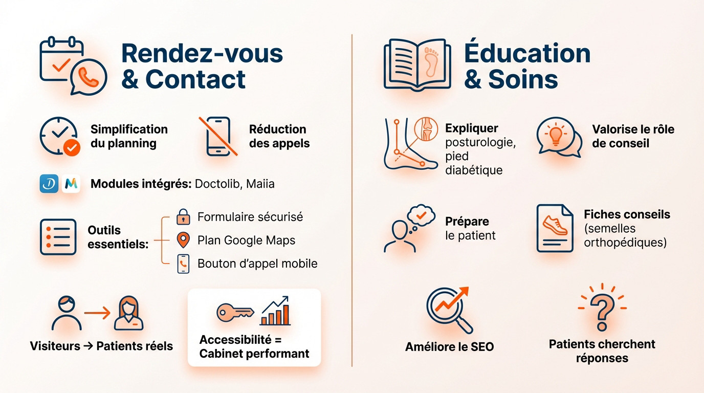 Infographie présentant les fonctionnalités techniques d'un site web idéal pour podologue