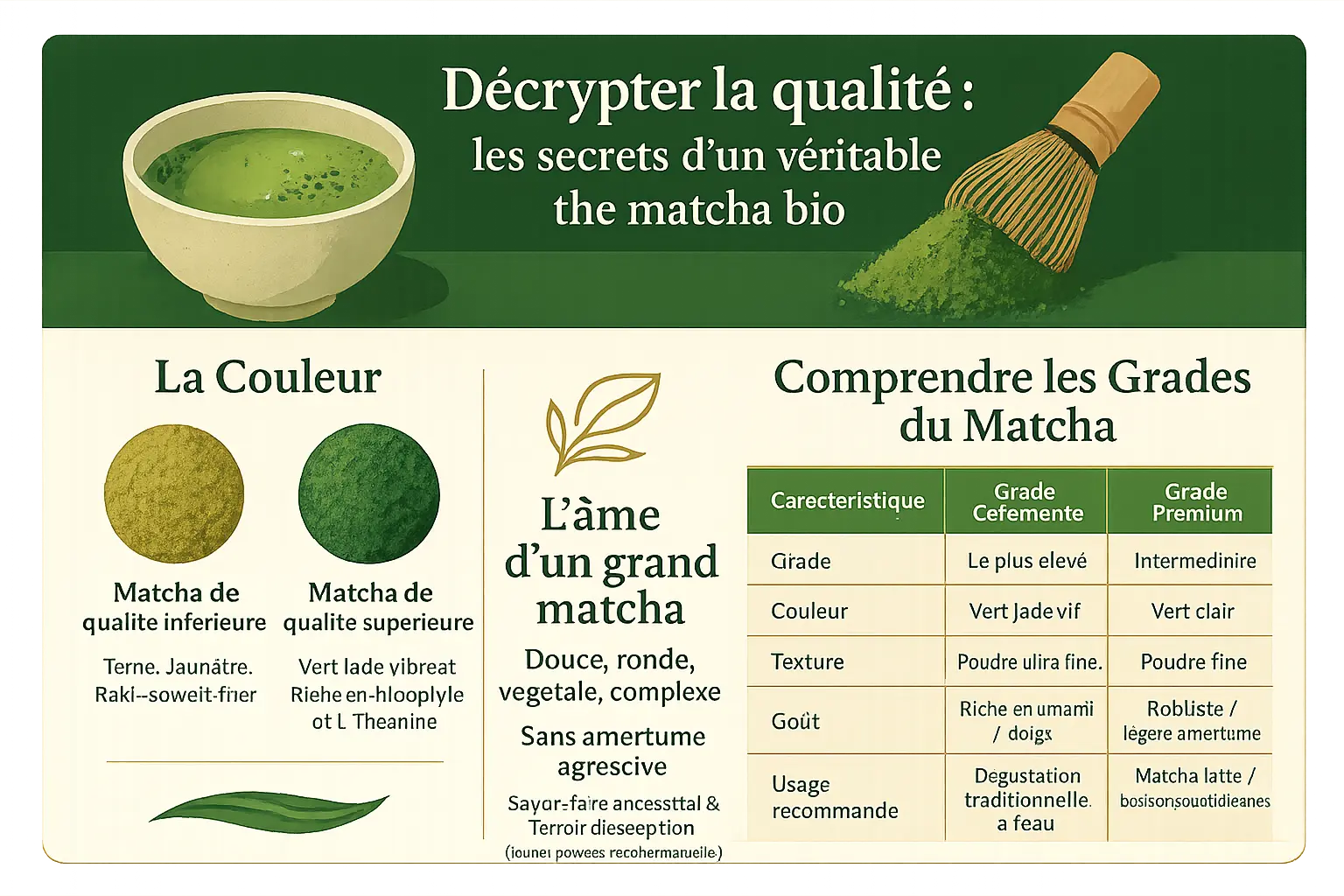 Préparation d'un matcha de qualité supérieure dans un bol céramique, avec poudre fine et mousse onctueuse