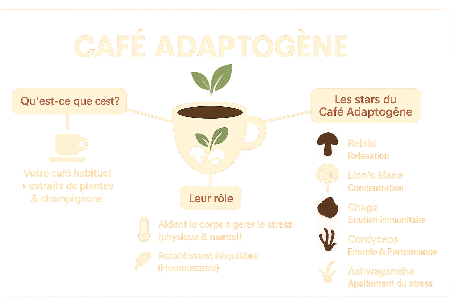 Tasse de café adaptogène avec champignons et plantes