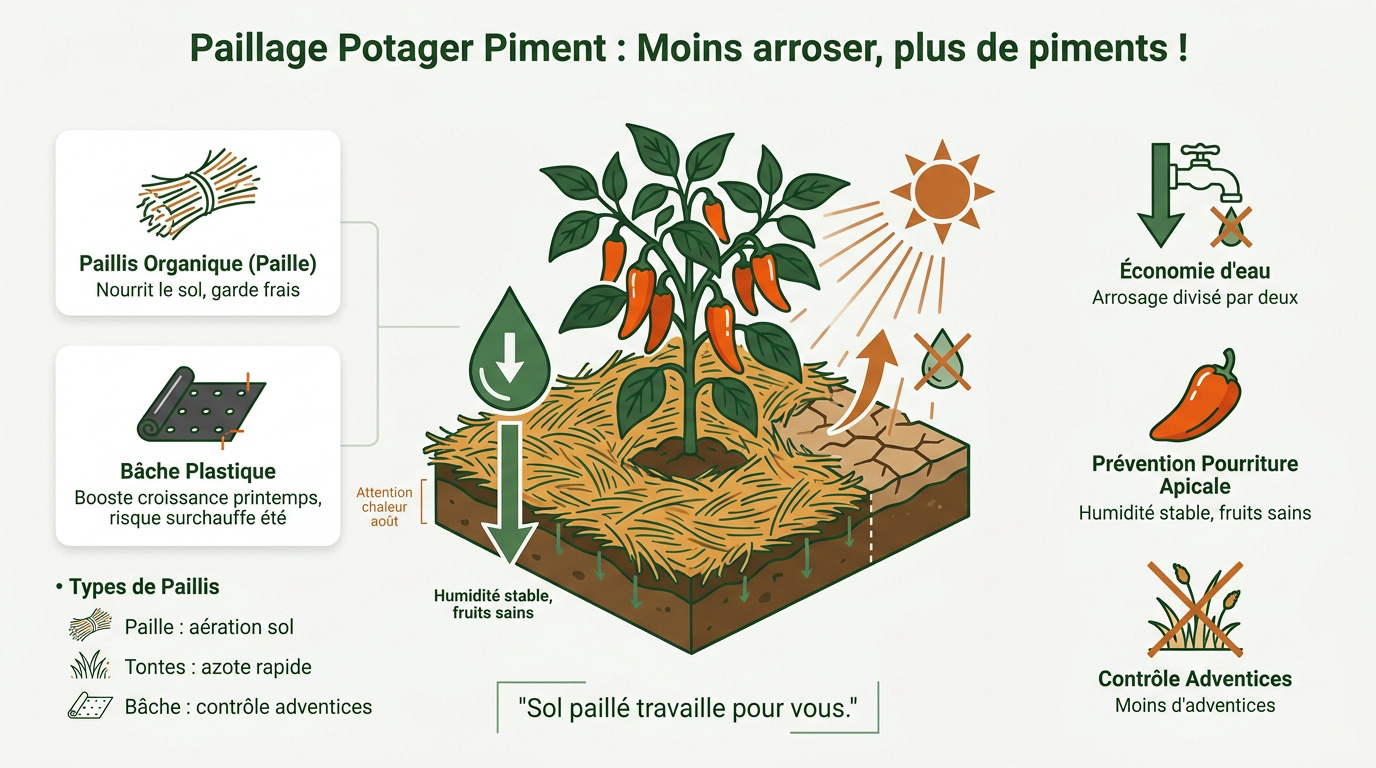 Paillage organique au pied des plants de piments en pleine terre pour conserver l'humidité du sol
