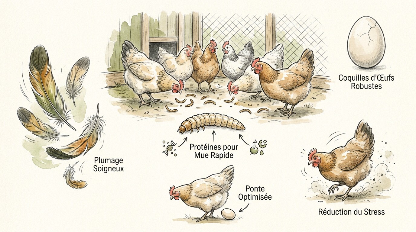 Poules mangeant des vers de farine